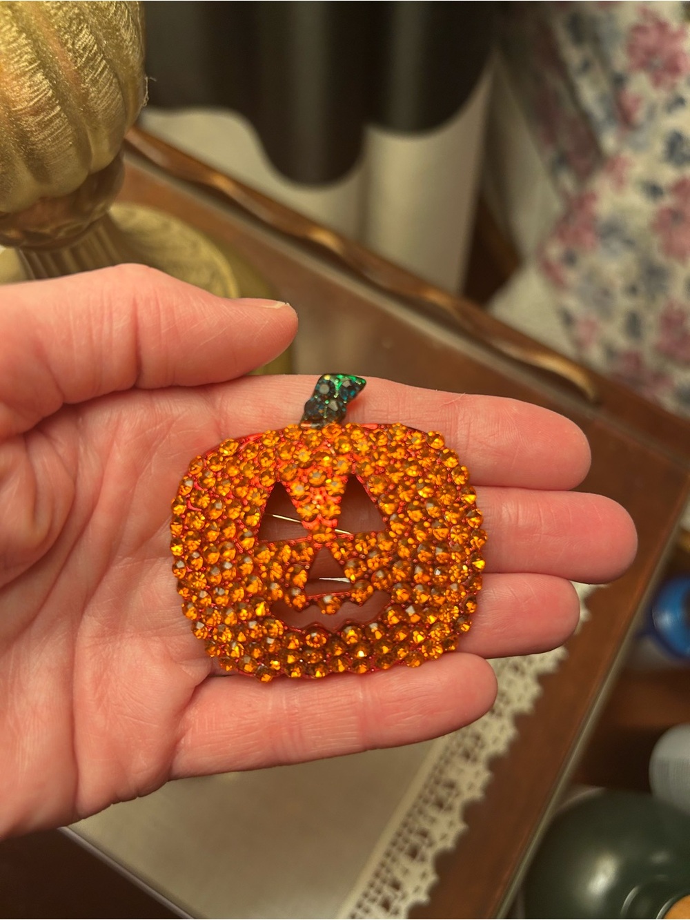 Orange Crystal Jack-o'-Lantern Brooch - Women's Halloween Jewelry